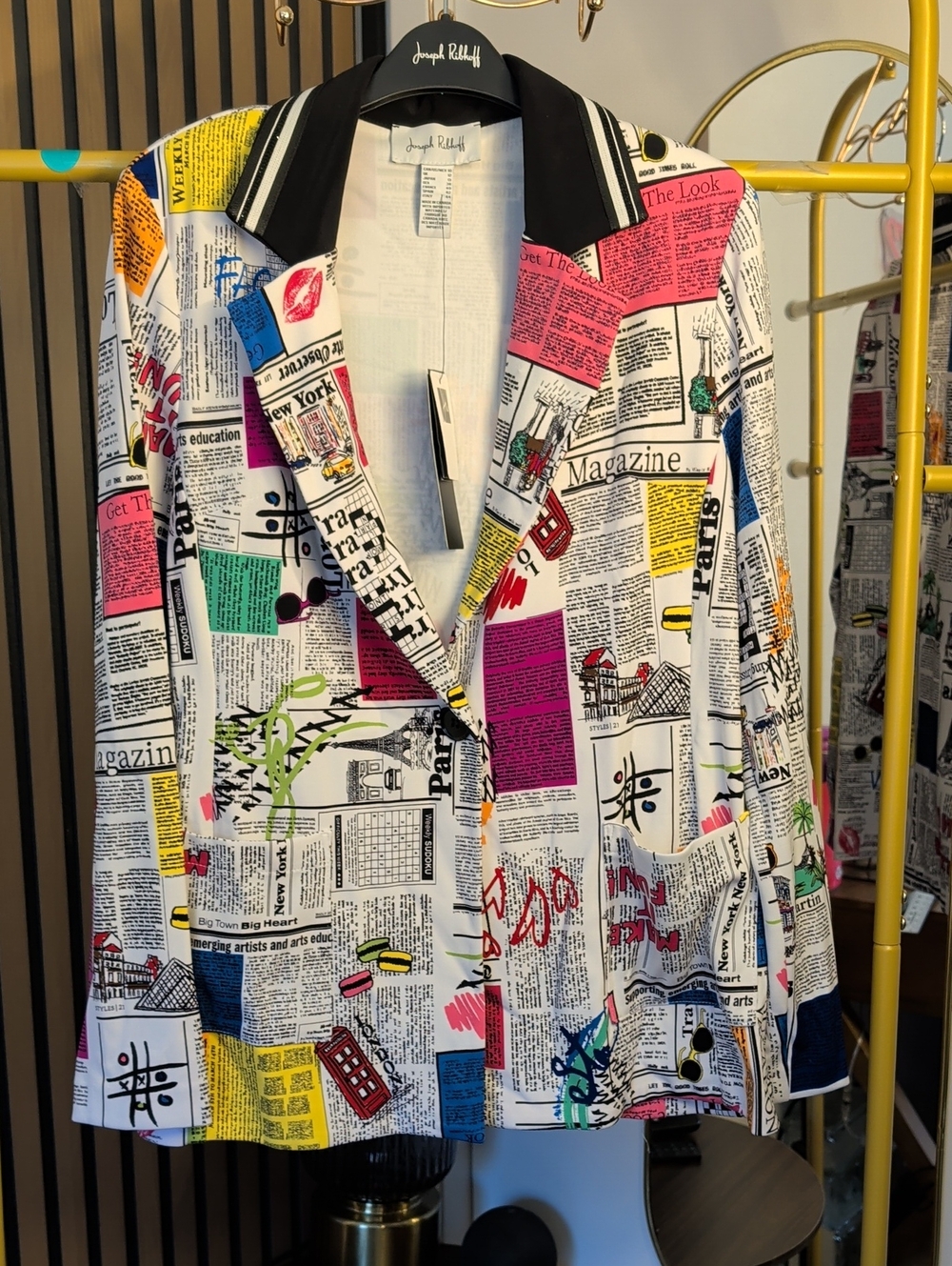 Joseph Ribkoff Multicolor Newspaper-Print Blazer, Black Notch Collar, Size 12 - Picture 5 of 9